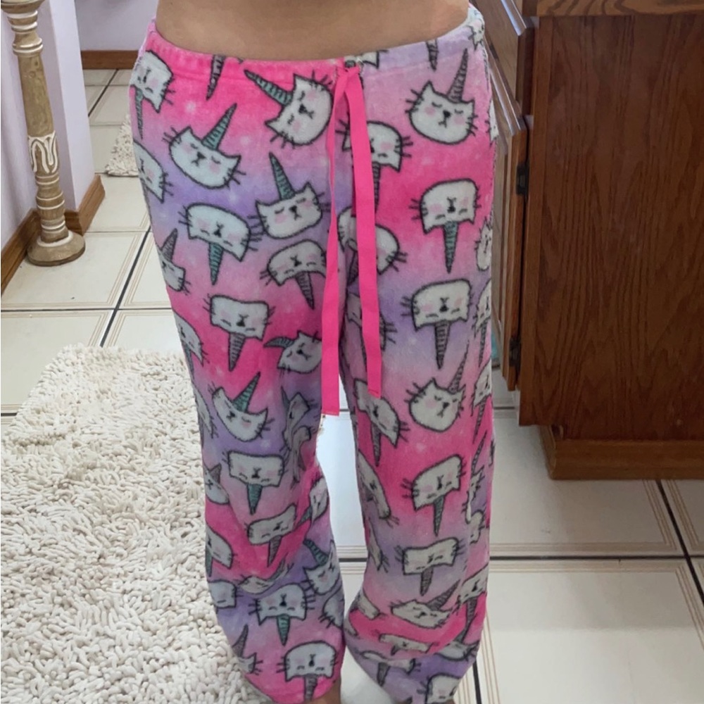 Pink & Purple Cat Unicorn/Narwhal Plush Fleece Pajama Pants